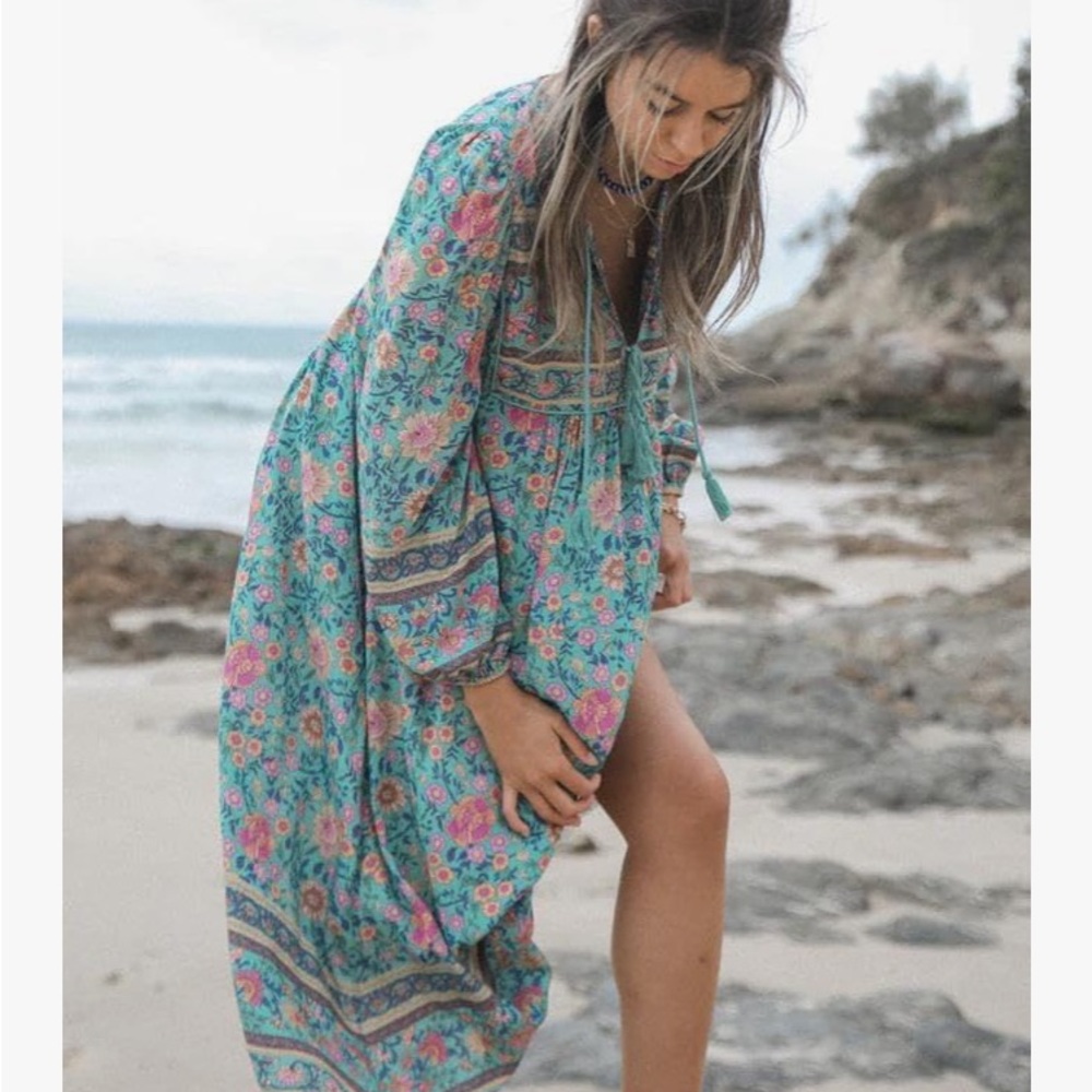 R.Vivimos Boho Dress Sz M Floral Print Retro V Neck Tassel Midi Long Sleeves